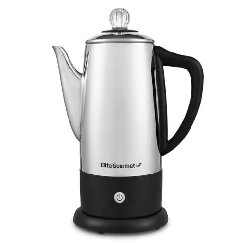 Elite Gourmet EC812 Electric 12-Cup Coffee Percolator with Keep Warm, Clear Brew Progress Knob Cool-Touch Handle Cord-less Serve, Stainless Steel