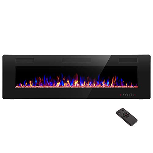 R.W.FLAME 60" Recessed and Wall Mounted Electric Fireplace, Low Noise, Fit for 2 x 6 Stud, Remote Control with Timer, Touch Screen, Adjustable Flame Color and Speed, 750-1500W