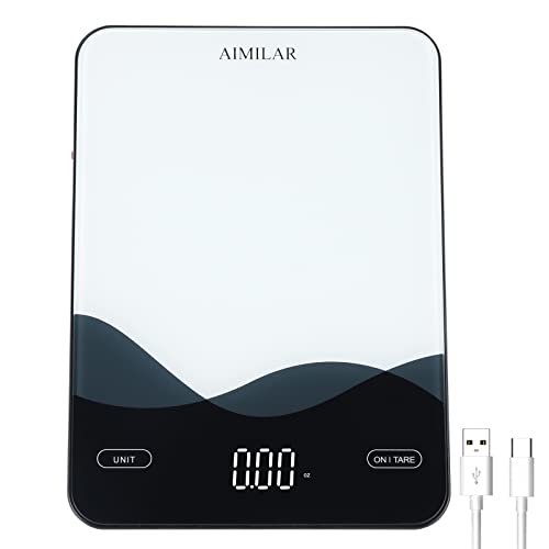 AIMILAR Digital Kitchen Scale 22lb/10kg USB-C Rechargeable, Tempered Glass Top Easy Clean, LED Touch Screen No Buttons, Auto Shut Off