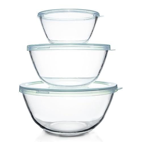 Luvan Glass Mixing Bowls with Lids Set(4.5QT, 2.7QT, 1.1QT)-Large Glass Mixing Bowls, Clear Salad Bowl for Baking, Cooking, Serving, Food Prep, 3PC Nesting Bowls for Kitchen Storage & Dishwasher Safe