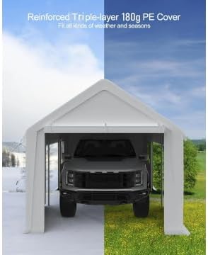 13x20 Ft. Metal Carport Garage with PE Fabric and Galvanized Steel Frame Outdoor Shelter for Cars, Trucks and Boats with 4 Doors and Mesh Windows for Ventilation - White