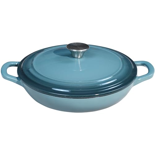 Flavehc Braiser Enameled Cast Iron Braiser 2.25 qt Braiser Pan with Lid Slateblue Shallow Cast Iron Casserole Braiser Pan with Handels