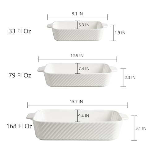Sweejar Ceramic Baking Dish Set, Cake Baking Dish for Brownie, Porcelain Striped Casserole Dishes for Oven with Handle for Lasagna, Family Dinner(White)