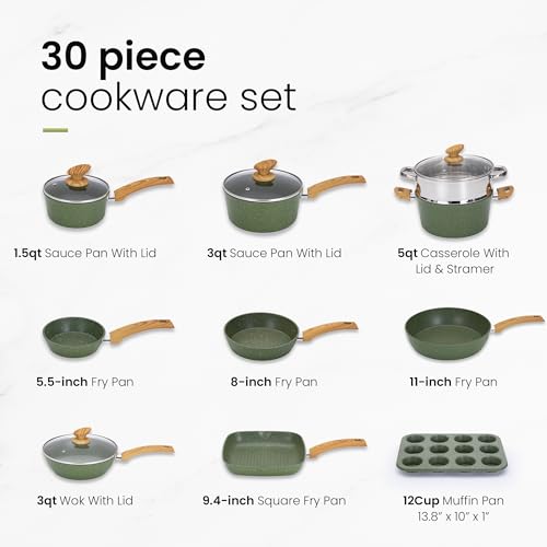 Kitchen Academy Pots and Pans Set Nonstick, 30 Pieces Induction Kitchen Cookware and Bakeware Sets, Green Granite Coating Cooking Pans Set