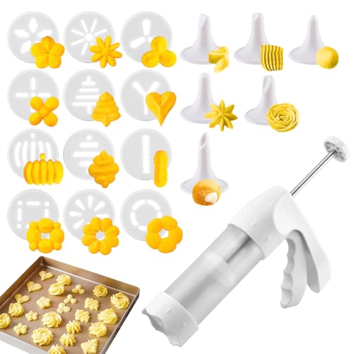 Cookie Press Gun Kit with 12 Discs & 6 Piping Tips, Spritz Cookie Maker Easy Squeeze for Baking, DIY Biscuit Maker and Cake Icing Decoration