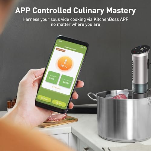 KitchenBoss Wifi Sous Vide Cooker: Ultra-quiet Sous Vide Machine Immersion Circulator APP Control 1100W, IPX7 Waterproof Sous-vide Precision Cooker Accurate Temperature Digital Display, Silver