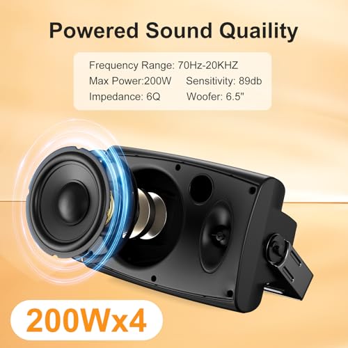 6.5 Inch Max 800W Outdoor Bluetooth Speakers Waterproof Wired with Multifunctional Amplifier Wall Mount Outdoor Speaker System for Patio Garden Poolside Home(4 Speakers,Black)