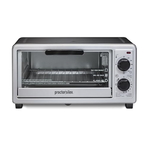Proctor Silex 4 Slice Countertop Toaster Oven, Multi-Function with Bake, Toast and Broiler, 1100 Watts, 30 min timer and auto-shutoff, Includes Backing Pan and Rack, Black and Silver (31260)
