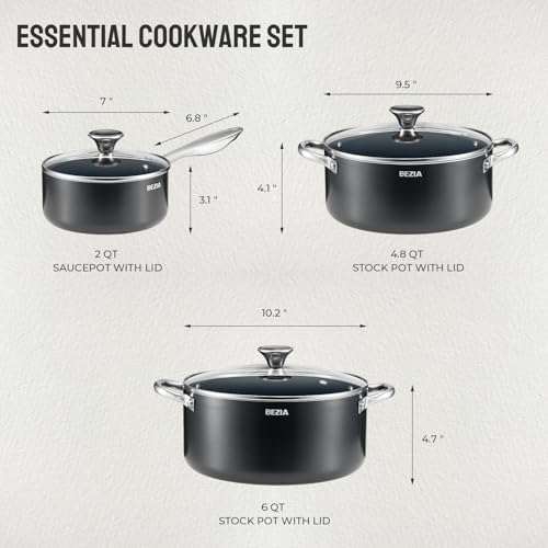 Induction Cookware Set 6-Piece, Stackable Kitchen Cooking Pots Set, 6qt 4.8qt & 2qt Pots with Lids, Dishwasher Safe & Oven Safe, Compatible with All Stoves, Black