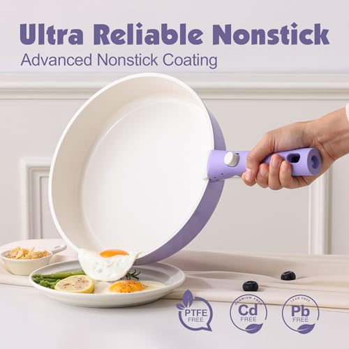 SENSARTE 17 Piece Ceramic Pots and Pans Set, Nonstick Detachable Handle Cookware, Induction Kitchen Cookware Set with Removable Handle, Dishwasher ＆ Oven Safe (Purple)