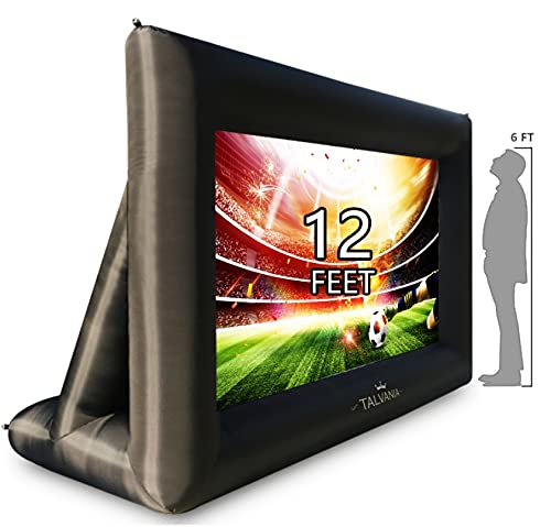 Talvania 12 Feet Inflatable Projector Screen for Outdoor and Indoor TV Movie Watching Blower, Tie Downs, Stakes, Sandbags, and Storage Bag + Step-by-Step Guide, Quick Blow Up (Black)