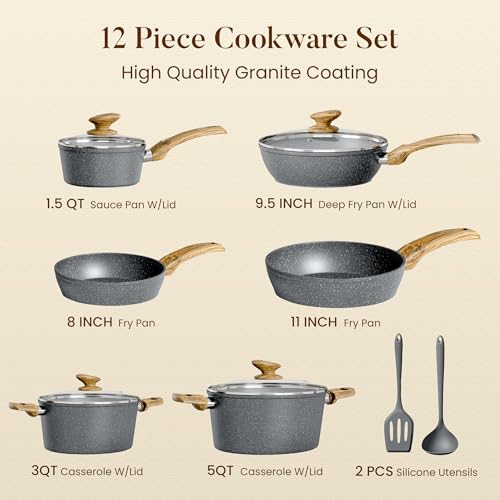 Kitchen Academy Induction Cookware Sets - 12 Piece Gray Cooking Pan Set, Granite Nonstick Pots and Pans Set