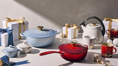 Le Creuset Stoneware Holly Collection Mini Round Cocotte, 8 oz., Cerise with Gold Applique