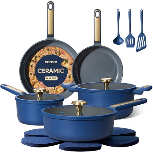 CAROTE Ceramic Cookwar Set, Pots and Pan Set Non Stick 16 Piece, Cookware Set Kitchen Cooking Set Non Toxic, PFAS PTFE Free, Blue