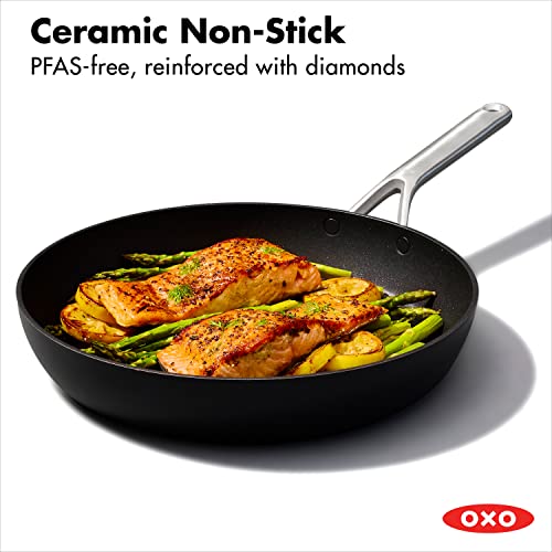 OXO Professional 12" Frying Pan Skillet, Hard Anodized Ceramic Nonstick Cookware PFAS-Free, Induction Suitable, Stainless Steel Handles, Diamond Reinforced Coating, Dishwasher Safe, Oven Safe, Black