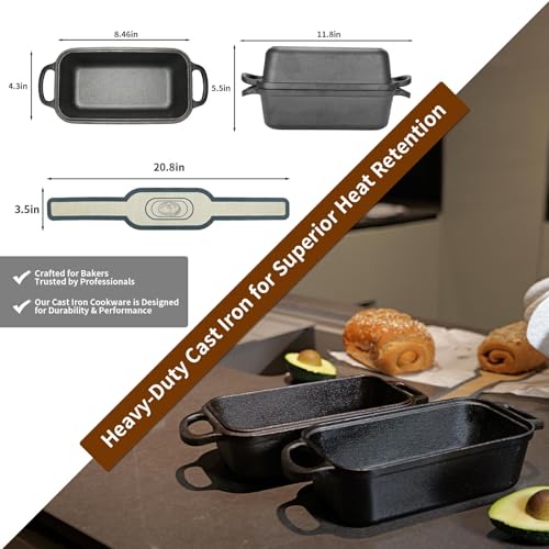 Blisswave Cast Iron Loaf Pan with Lid | Bread Baking Pans | Even Heat Distribution for Homemade Bread, Cake, Meatloaf | 2 Piece Set with 2 Bonus Bread Mats