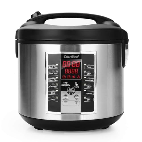 COMFEE' Rice Cooker, Slow Cooker, Steamer, Stewpot, Sauté All in One (12 Digital Cooking Programs) Multi Cooker (5.2Qt ) Large Capacity. 24 Hours Preset & Instant Keep Warm, Black/Silver (MB-M25)