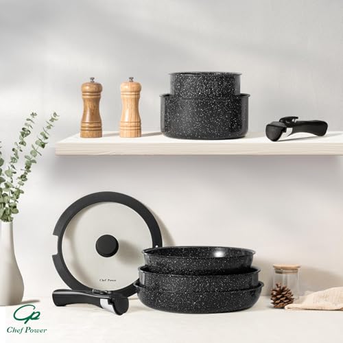 Chef Power Ceramic Nonstick Cookware Set 19 Piece with Detachable Handle, Induction Dishwasher Oven Safe Pans and Pots Set, RV Kitchen Set Removable Handle, Rock Stone Black