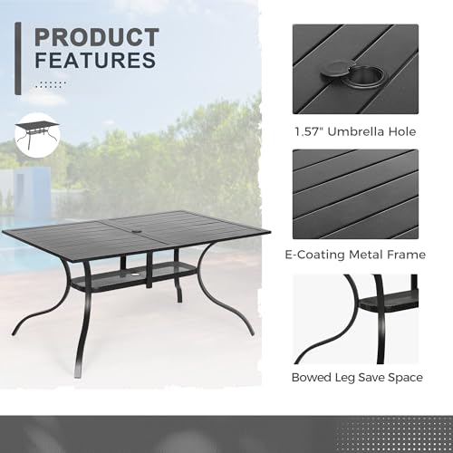 Crownland 7 Piece Patio Dining Set, Textilene Dining Sets, 6 Textilene Metal Chairs and Rectangular Outdoor Dining Table with Khaki 9FT Round Outdoor Umbrella (Black)