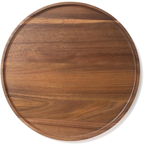 Round Wood Tray, Acacia Wooden Decorative Serving Tray for Coffee Table and Home Decor, Wooden Appetizer Charcuterie Board for Kitchen Countertop (13.8 inch)