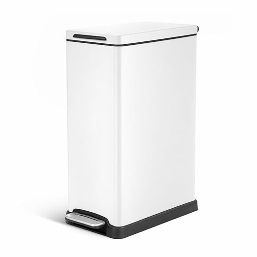 Home Zone Living 12 Gallon Slim Kitchen Trash Can with Soft Close Lid, Step Pedal, Bag Tuck Band, and Removable Liner, Stainless Steel, Matte White