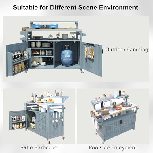 Merax 53.3" Outdoor Kitchen Island with Raised Shelf, Solid Wood Storage Cabinet with Stainless Steel Top, Rolling Grill Cart, Adjustable Shelf, Grey Blue