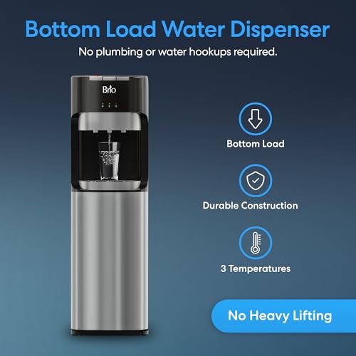Brio Bottom Loading Water Cooler Dispenser for 5 Gallon Bottles - 3 Temperatures with Hot, Room & Cold Spouts, Child Safety Lock, LED Display with Empty Bottle Alert, Stainless Steel