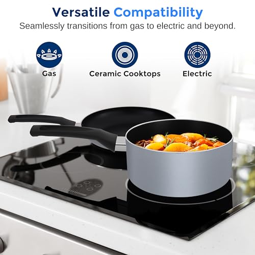 SereneLife Kitchenware Pots & Pans Basic Kitchen Cookware, Black Non-Stick Coating Inside, Heat Resistang Lacquer (11 Piece set), One Size, Gray