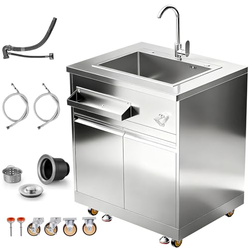 BODEGA Stainless Steel Outdoor Kitchen Sink Cabinet, Outdoor Sink With Hose Hook Up,Single Bowl Kitchen Sinks With Brake Wheels & Spice Rac, All-Weather Use, Mobile Prep Station for BBQ, Camping, RV.