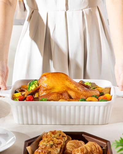 MALACASA 4.4 QT Baking Dish, 9x13 Large Casserole Dish for Oven, Ceramic Baking Pan, Rectangular Lasagna Pan Deep with Handles for Baking, Durable Microwave Oven Safe, Wedding Gift,White, Series BAKE-BAKE