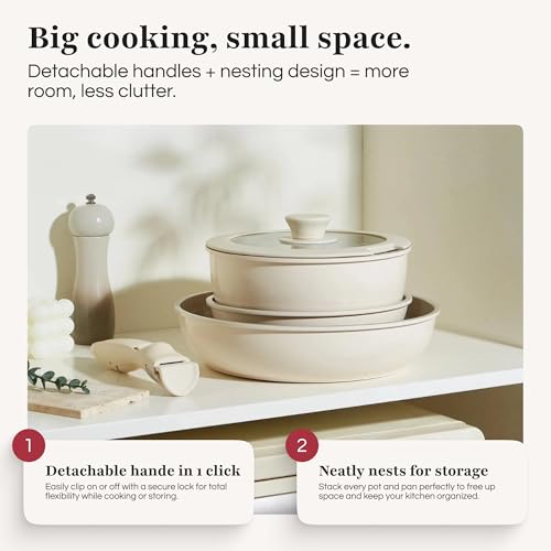 GOURMETIFIC® Pots and Pans Cookware Set [11 PIECES] - Non Toxic Ceramic Coated Cooking Ware - Induction, Gas & Oven Kitchenware - Non Stick Pot & Pan with Removable Handles & Stackable (Cream)