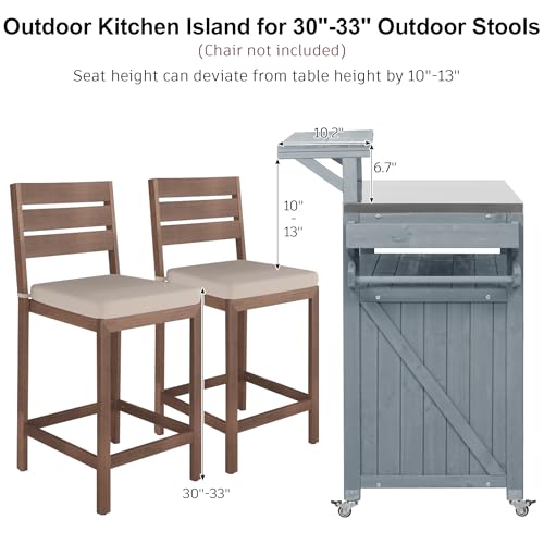 Merax 53.3" Outdoor Kitchen Island with Raised Shelf, Solid Wood Storage Cabinet with Stainless Steel Top, Rolling Grill Cart, Adjustable Shelf, Grey Blue