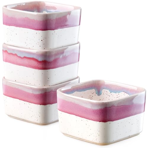 NUTRIUPS 8 oz Ramekins Oven Safe - Square Custard Cups, Ceramic Ramekins for Pudding, Creme Brulee,Souffle, Serving Dip, Ice Cream, 4-Piece Set (Pastel Lilac Flow)