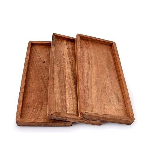 NIRMAN Acacia Wood Rectangular Wooden Platters for Home Decor, Food, Vegetables, Fruit, Charcuterie, Appetizer Serving Tray (13" x 5.5" x 0.75") (Set of 3)