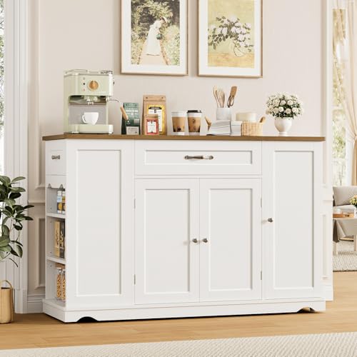 HOSTACK Kitchen Island Cart with Storage, 47'' Kitchen Storage Island on Wheels with 2 Drawers, Rolling Island Table with Adjustable Shelves, Mobile Buffet Sideboard Cabinet for Dining Room, White