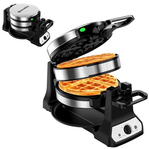 Waffle Maker, 1400W Belgian Waffle Maker, Double Waffle Iron 180° Flip, Rotating Nonstick Plates, Adjustable Browning Control, Locking Buckle & Cool Touch Handle, Removable Drip Tray, Stainless Steel