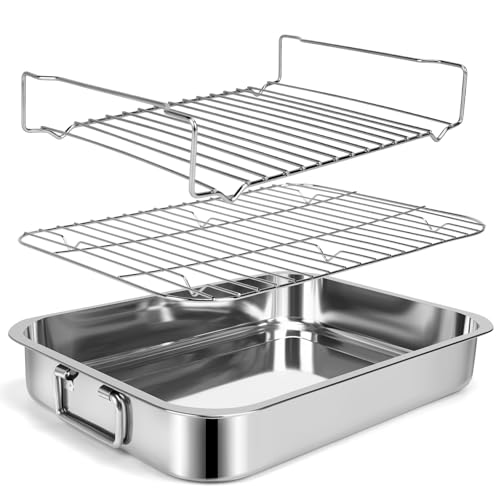 15.5" Stainless Steel Roasting Pans with Handles, Baking Pan for Oven with 2 Racks, Heavy Duty, Dishwasher Safe Rectangular Lasagna Pan with Handles for Turkey Chicken, Silver