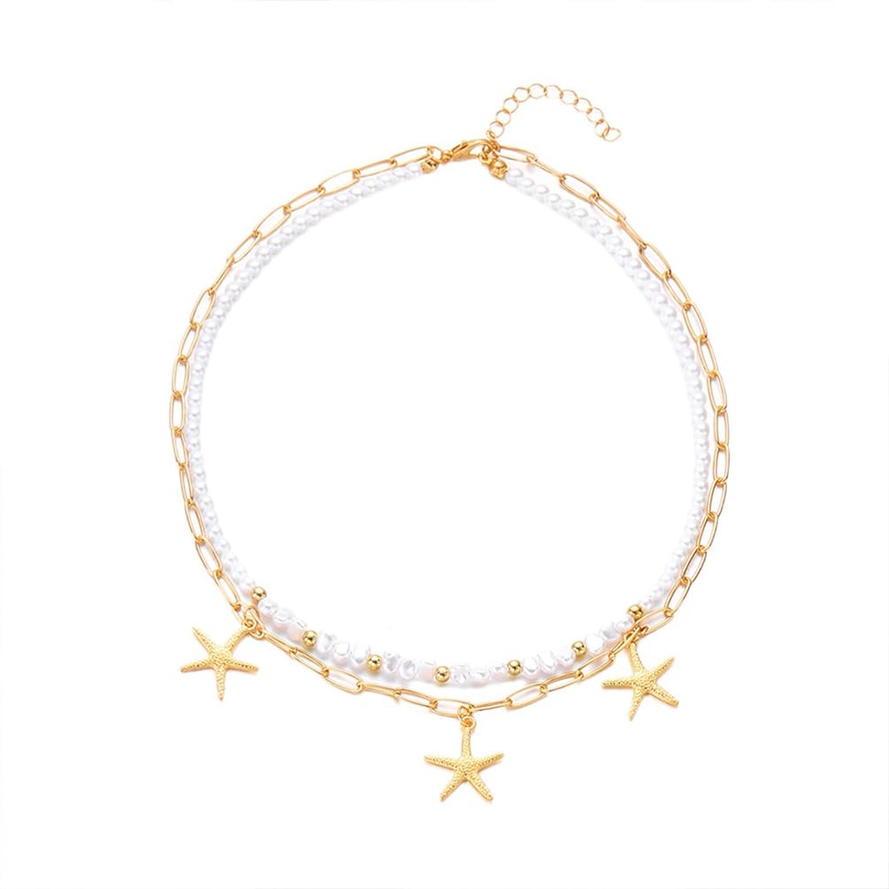 Charm 14k Gold Plated Starfish Beaded Pearls Vacation Necklace For Women, Beach Layered Star Pendant Necklaces Beachy Party Jewelry Gifts Accessory (Gold)