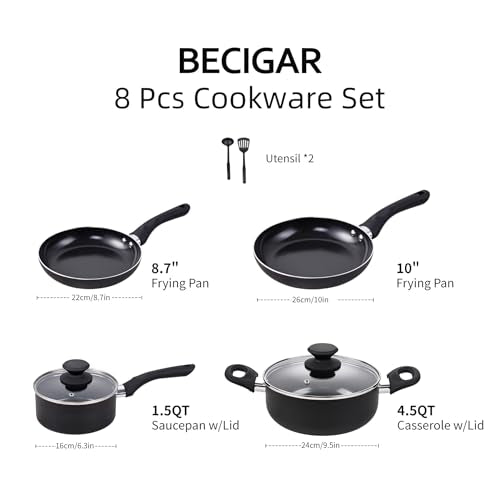 BECIGAR 8pcs Black Ceramic Pots and Pans Set, Cooking Pan Set,Cooking Pot Set Ceramic Pan Set, Nonstick Cookware Set, Induction Safe Kitchen Cooking Set with Frying Pans, Saucepans, shovel and Ladle