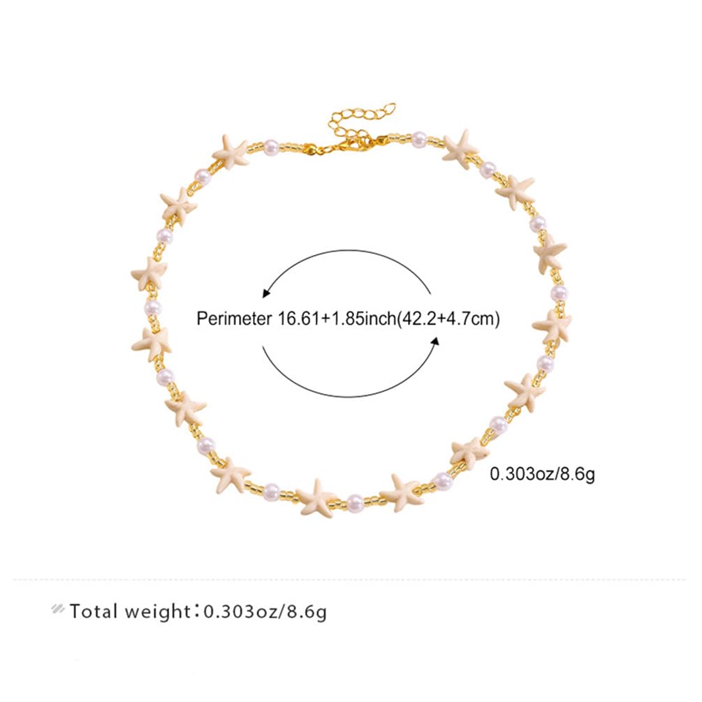 Dainty Starfish Pearl Beaded Choker Necklace, Layered Sea Shell Pearls Pendant Star Beads Necklaces for Women Chic Sweet Beach Coastal Party Jewelry Gift (Gold 1)