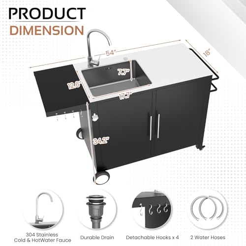 JFHID Grill Table with Sink, Outdoor Stainless Steel Kitchen Island Cabinets Sink Station with Hose Hook up & Lockable Casters, Rolling BBQ Table for Backyard