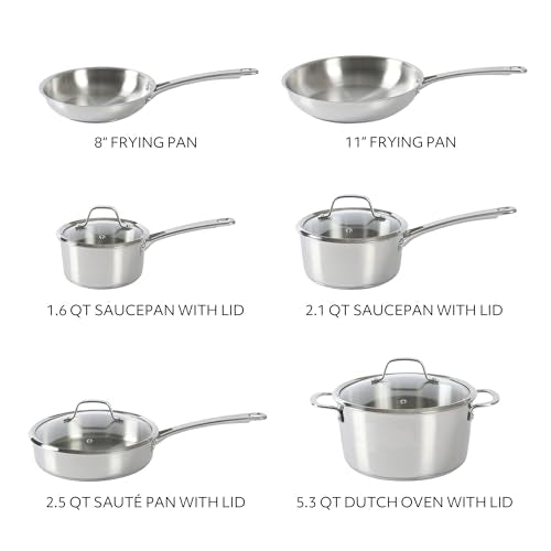 Sur La Table Kitchen Essentials Chef's Deck 10 Piece Stainless Steel Non Toxic Pots and Pans Kitchen Cookware Set w/Triply Encapsulated Base - Induction Safe