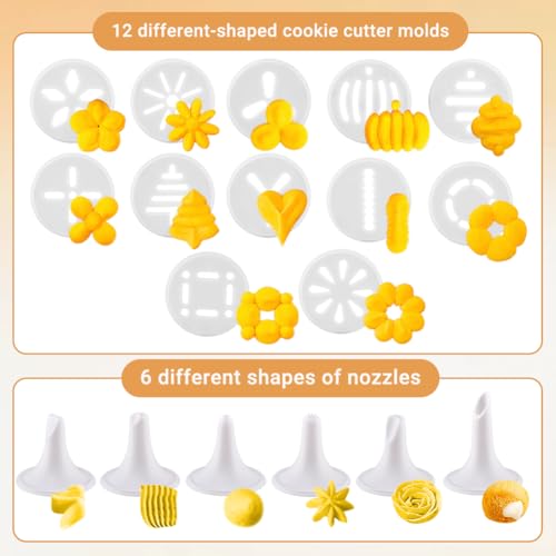 Cookie Press Gun Kit with 12 Discs & 6 Piping Tips, Spritz Cookie Maker Easy Squeeze for Baking, DIY Biscuit Maker and Cake Icing Decoration