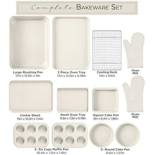 Country Kitchen Nonstick Stackable Bakeware Set - Deluxe Heavy Duty, Durable, Easy Release Baking Set, Cream, 13 Pcs