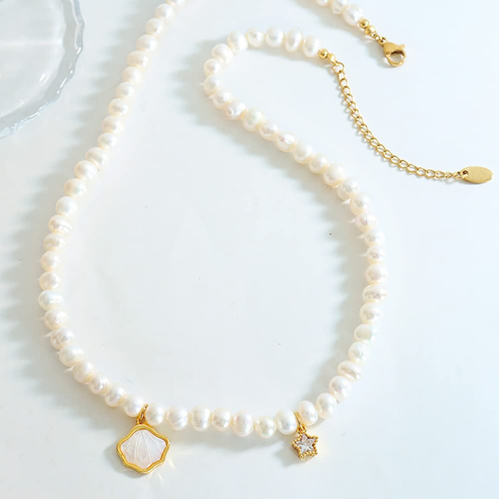 14K Gold Beaded Pearl Choker Necklace for Women,Freshwater Cultured Pearl Shell Shape Pendant Necklaces,Fashion Jewelry Gift for Her (Style 3, 14K Gold)
