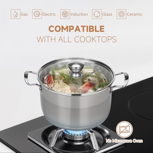 Ohtomber 5 Quart Dutch Pot - Stainless Steel Stock Cooking Induction Pot with Lid for Pasta, Soup, Spaghetti, Nonstick Thick Base Stockpot, Kitchen Cookware for Stew, Simmer, Boiling