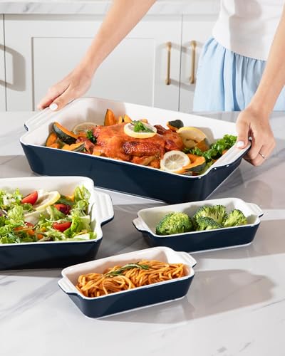 Sweejar Ceramic Bakeware Set of 4, Casserole Dishes for Oven, Rectangular Baking Dish with Handles, Lasagna Pans Deep for Cooking, Gratin, Roasting, Banquet and Daily Use (Navy)