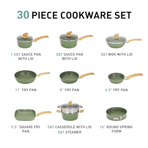 MAISON ARTS Pots and Pans Set Non Stick, 30 Piece Kitchen Cookware & Bakeware Sets with Granite Coating, Pots and Pans Sets for Cooking Nonstick, Green