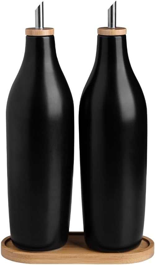 Sweejar Matte Ceramic Olive Oil Dispenser Bottles with Bamboo Tray, 17 Oz Oil Dispenser Set for Kitchen Counter, Opaque Oil Cruet for Cooking, EVOO, Vinegar, Avocado Oil, Pack of 2 (Black & Tray)