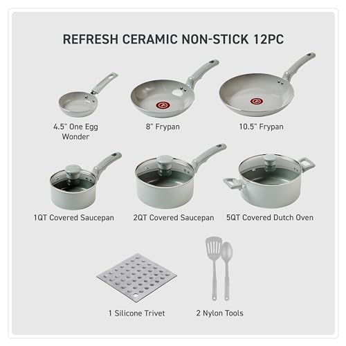 T-Fal Refresh Ceramic Nonstick Cookware Set, 12-Piece Ceramic Pots and Pans Set, Includes Stockpot, Griddle, Frying Pans, Utensils, Moon Grey